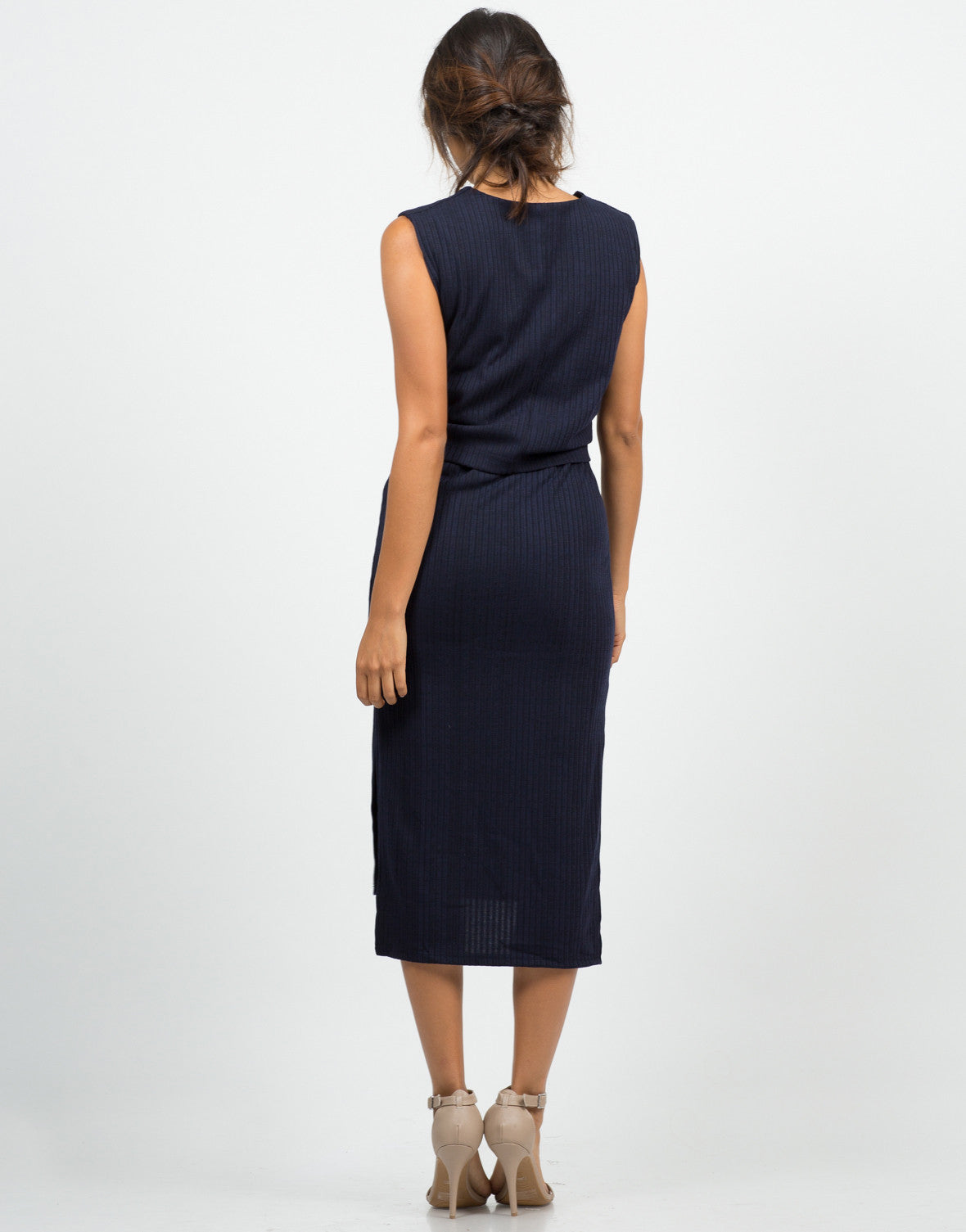 Ribbed Waist Tie Dress - Blue Dress - Midi Dress – 2020AVE