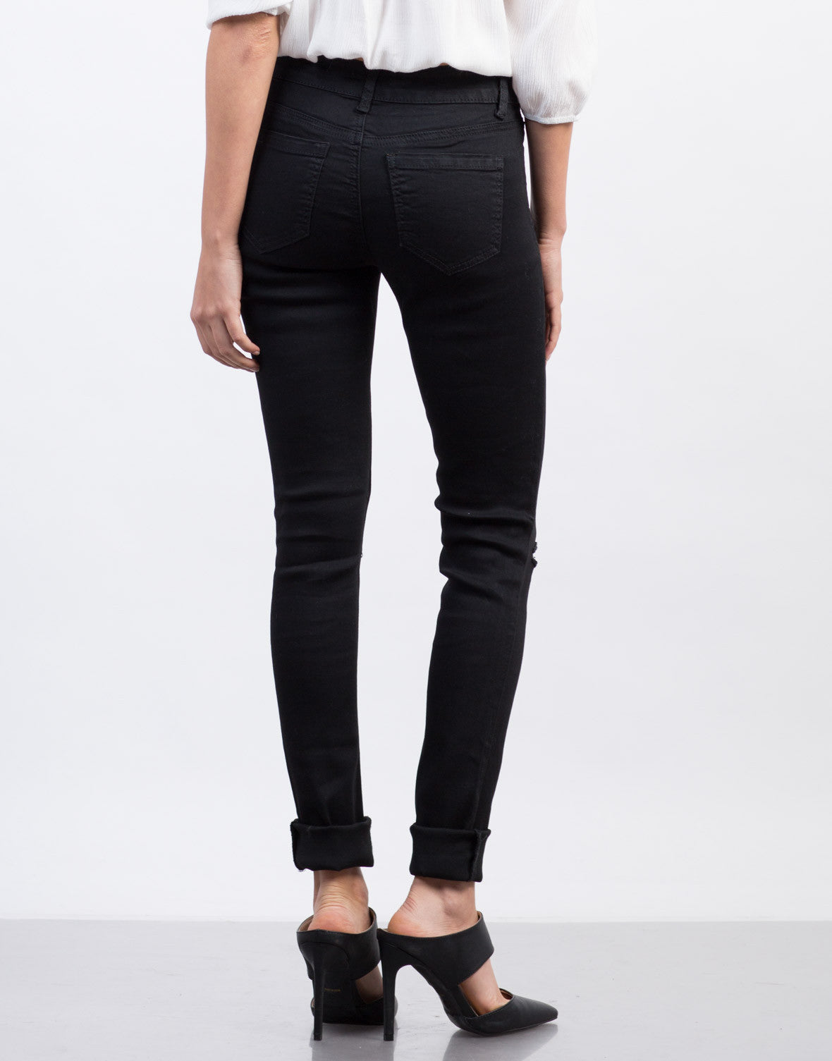 Ripped High Waisted Skinny Jeans - Black Destroyed Denim - White ...