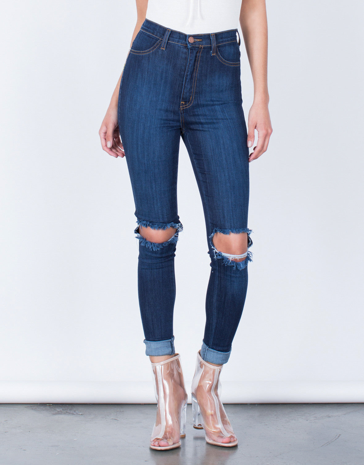 Knee Cut Blue Jeans For Sale Off 64