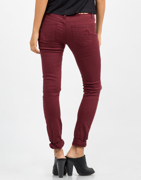 Ripped Skinny Jeans - Red Jeans - Burgundy Denim – 2020AVE