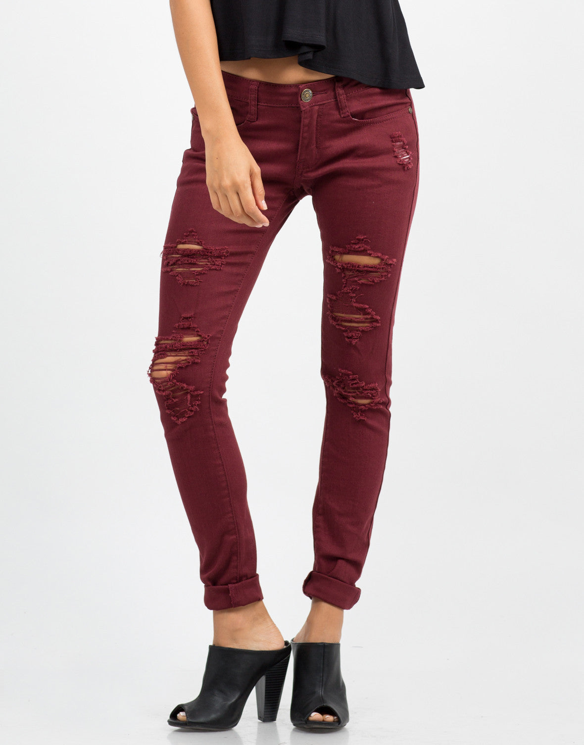 burgundy ripped skinny jeans