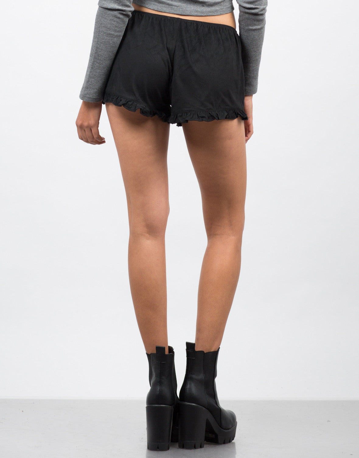 Ruffled Suede Shorts - Black Shorts - Womens Bottoms – 2020AVE