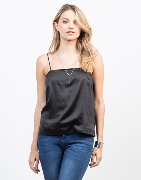 Silky String Me Along Tank - Little Black Tank Top - Black Satin Tank ...