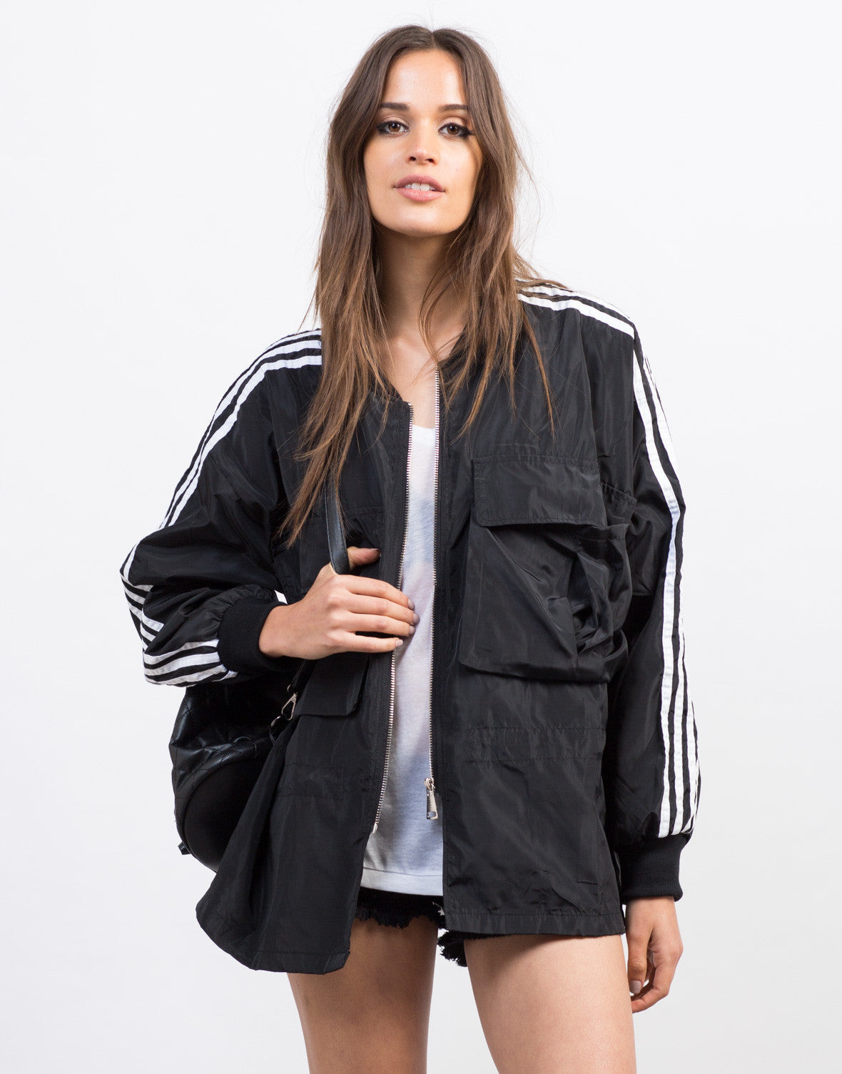 Sporty Striped Bomber Jacket - Black Lightweight Bomber - Black ...