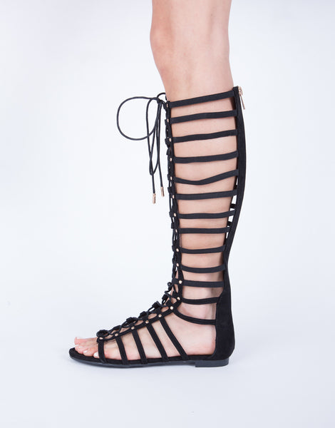 Stretchy Tall Lace-Up Sandals - Black Gladiator Sandals - Studded ...