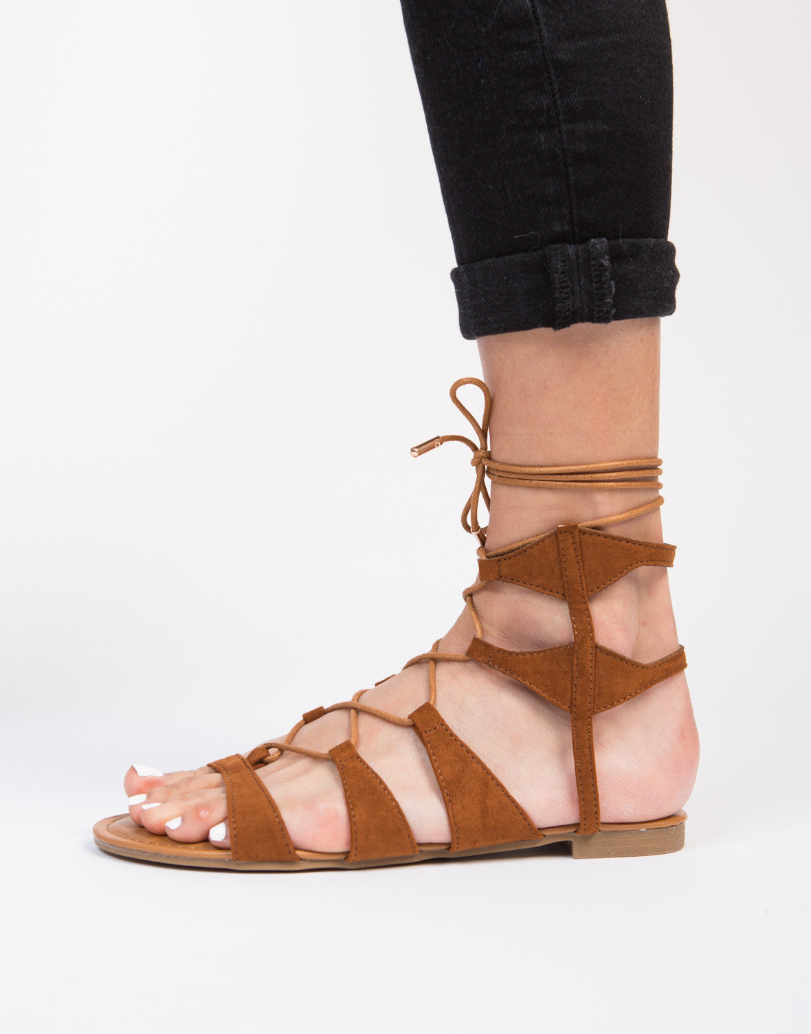 Suede Lace-Up Sandals - Black Strappy Sandals -Suede Ankle Gladiator ...
