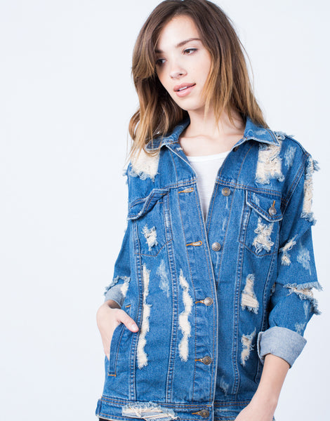 Super Destroyed Denim Jacket - Blue Destroyed Denim Jacket - Distressed ...