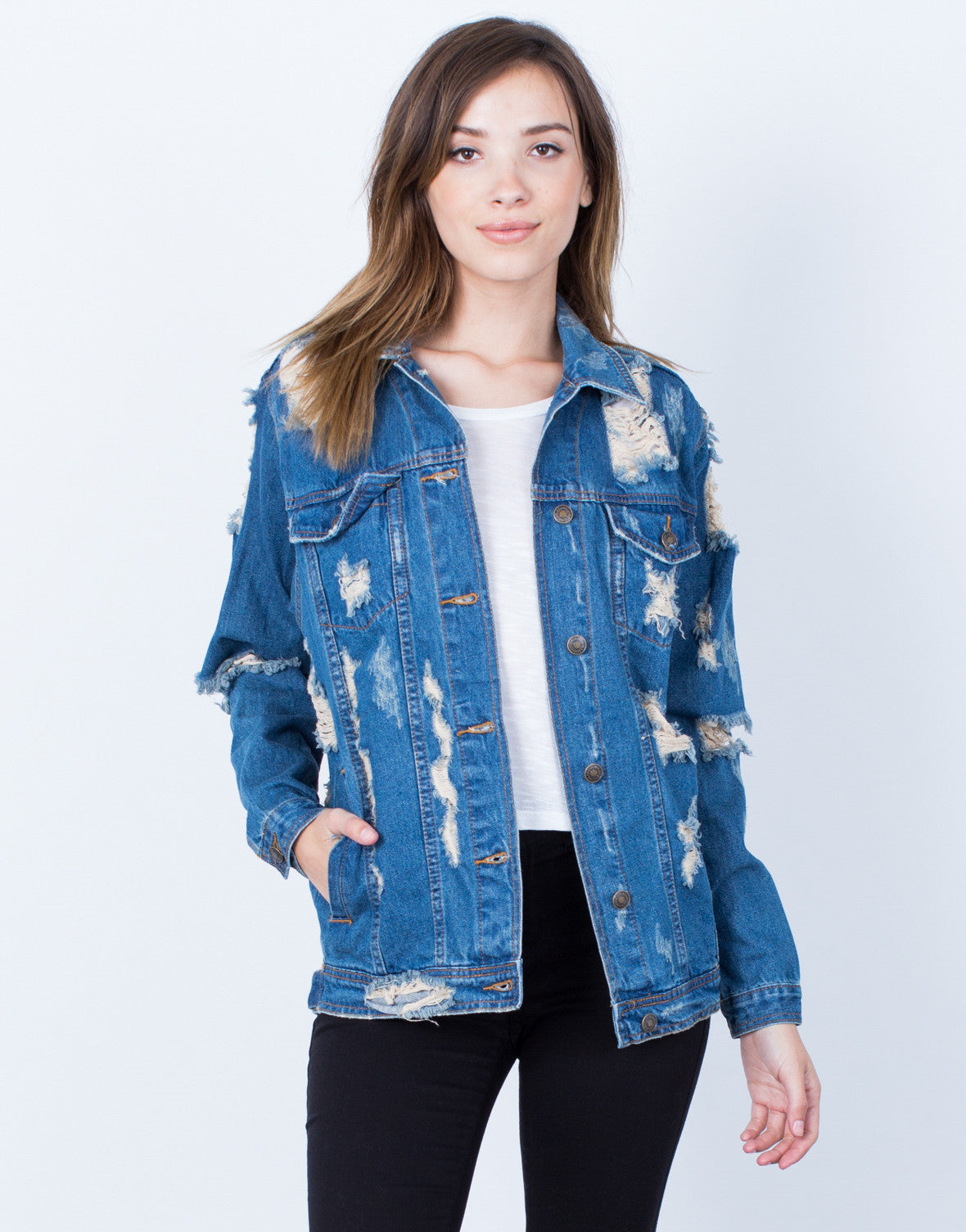 Super Destroyed Denim Jacket - Blue Destroyed Denim Jacket - Distressed ...