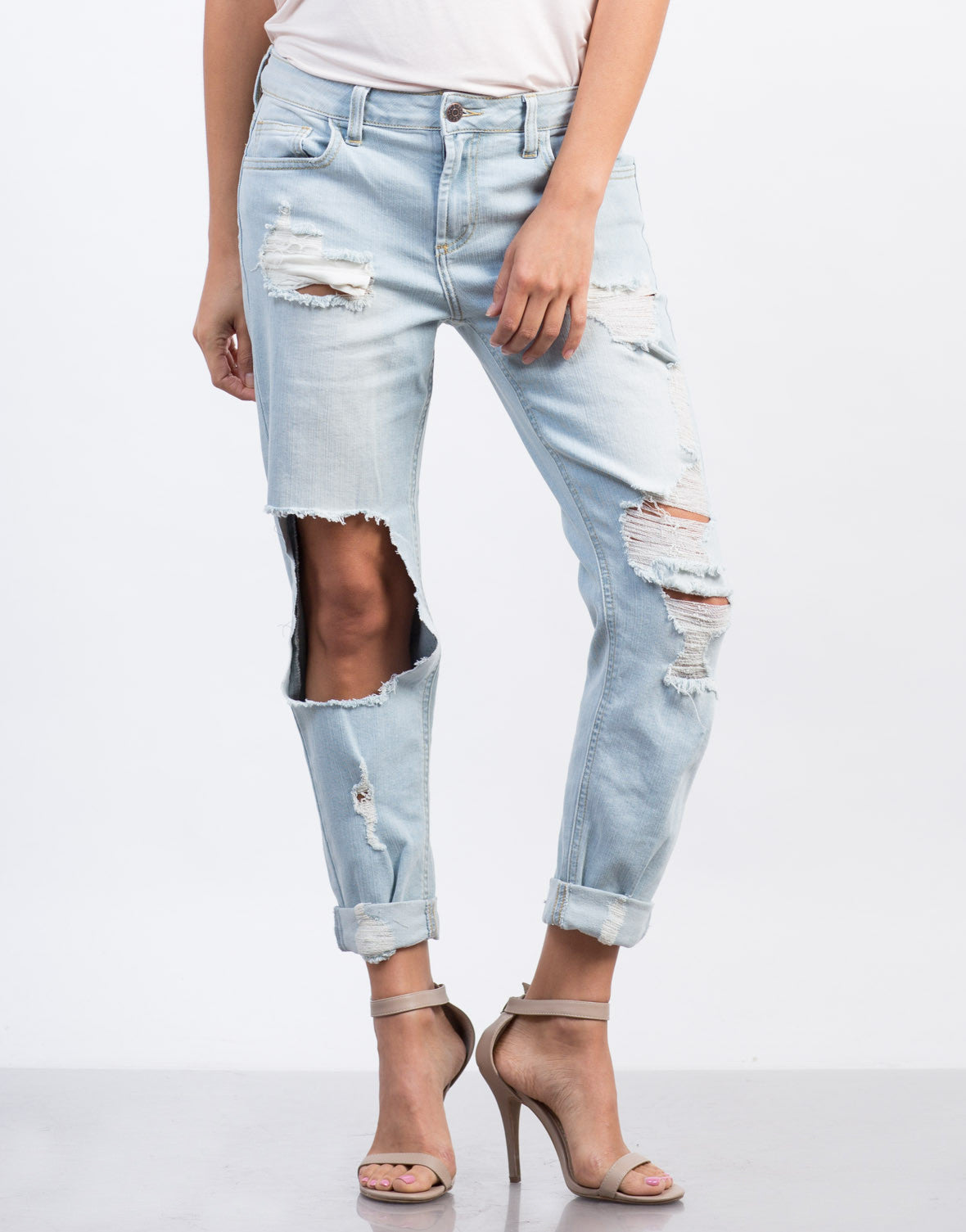 Super Light Wash Boyfriend Jeans - Light Blue Denim - Distressed Jeans ...