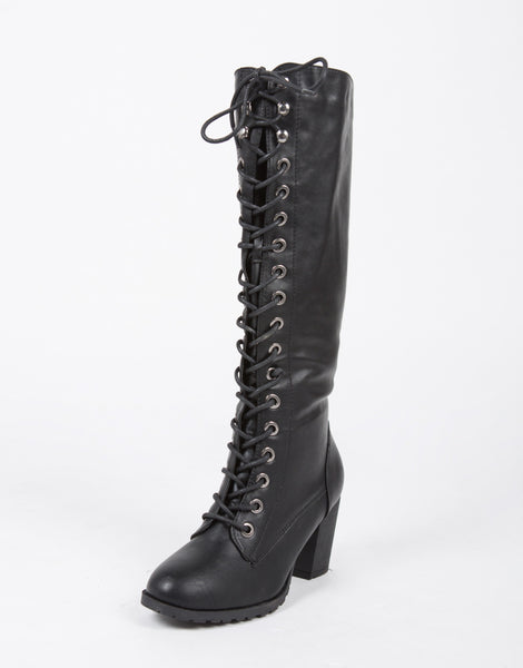 Tall Lace Up Boots - Black Boots - Knee High Boots - Chunky Boots – 2020AVE