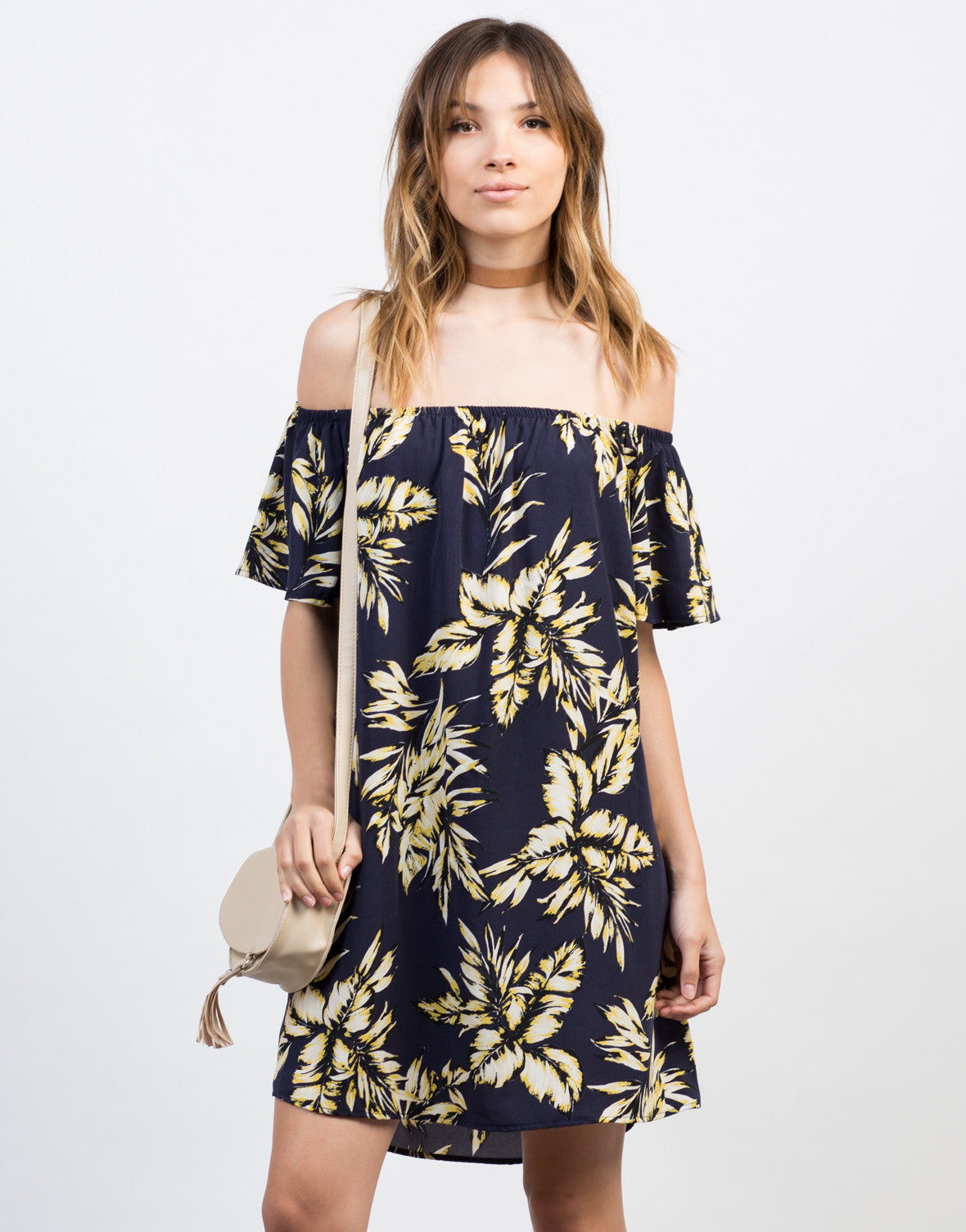 Tropical Vacay Dress - Navy Off the Shoulder Dress - Floral Day Dress ...