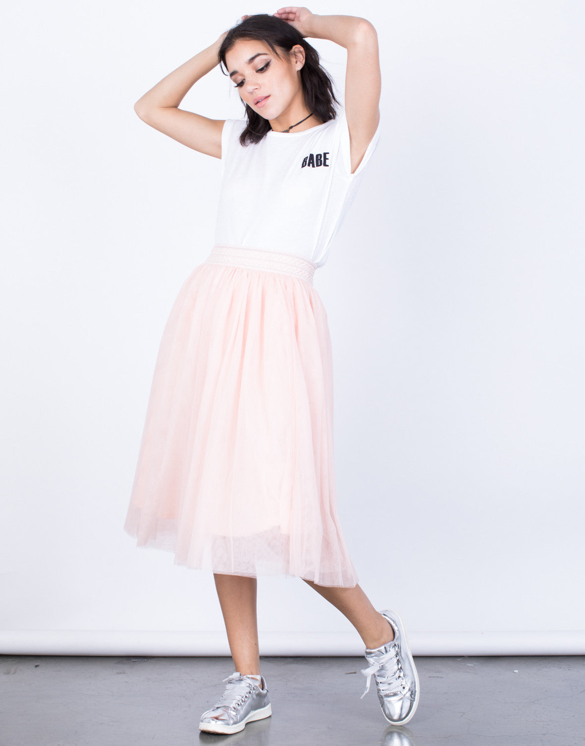 pink tulle midi skirt