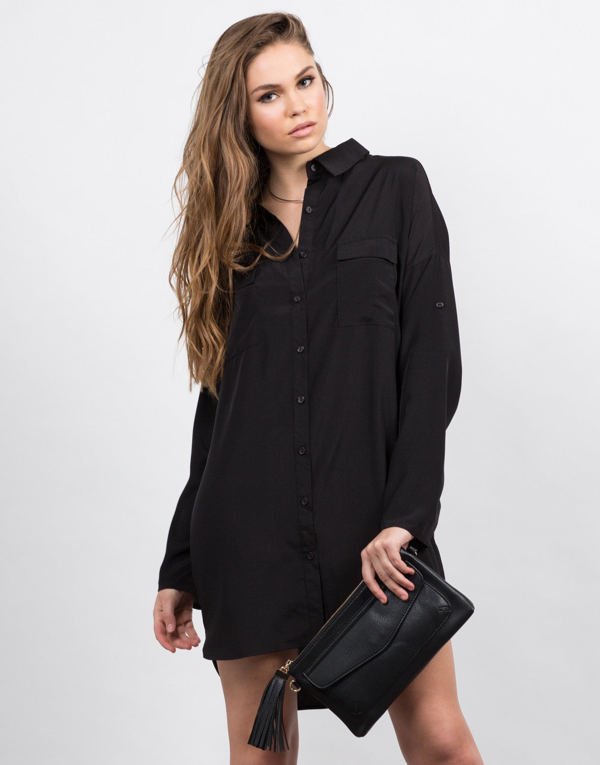 Two Front Pocket Button Up Shirt Dress - Black Shirt Dress ...