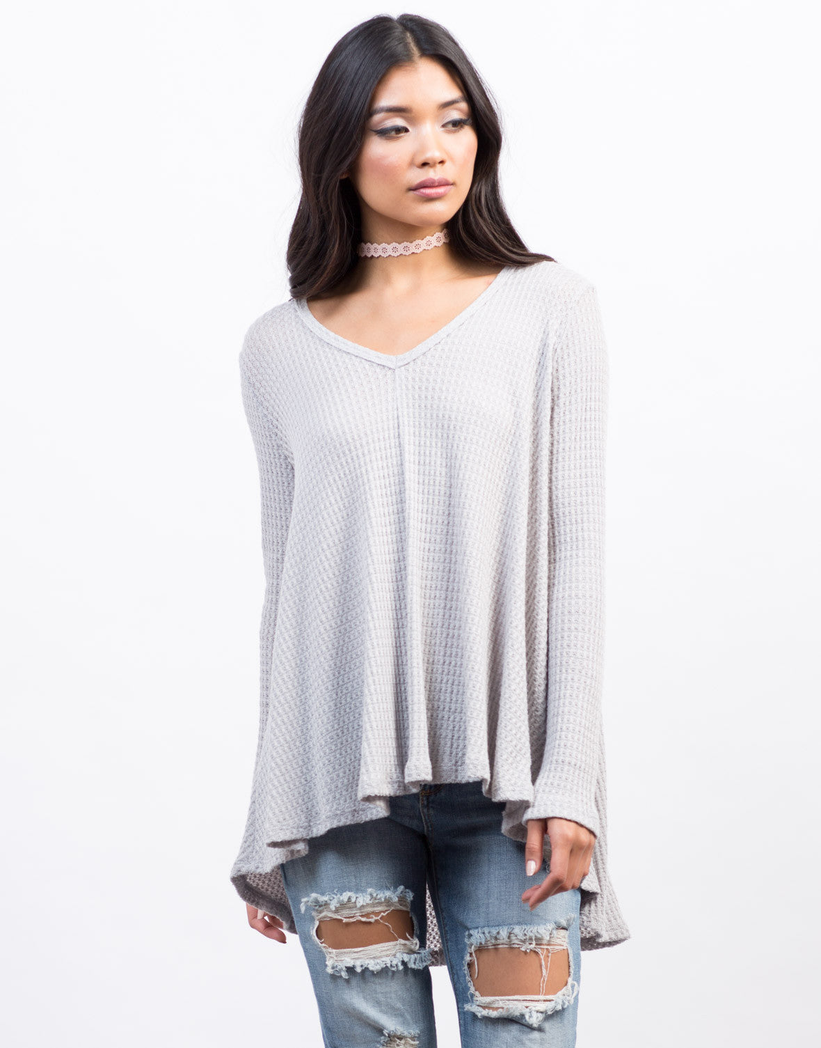 Waffle Detailed Flowy Top - Long Sleeve Sweater - Grey Top – 2020AVE
