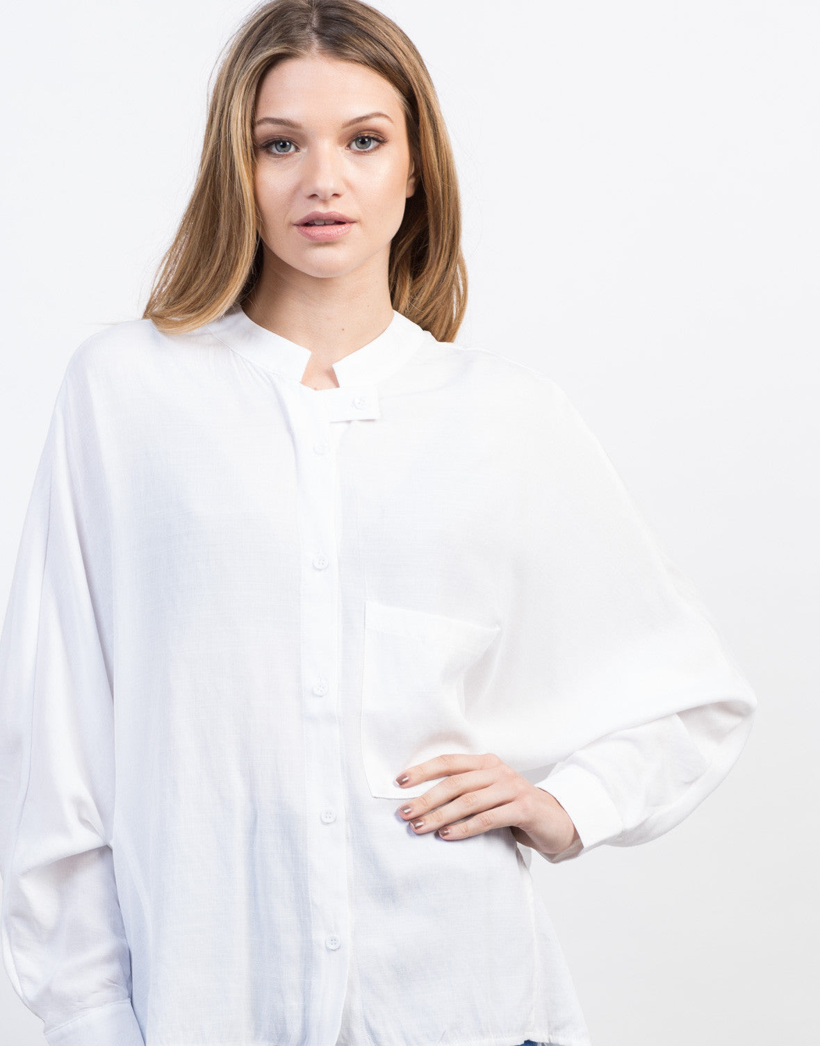 Woven Buttoned Blouse - Long Sleeve Top - White Button Up Shirt – 2020AVE