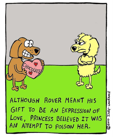 A smiling cartoon dog demonstrates on of the top Valentine's Day gift mistakes, presenting a box of chocolates to another dog, with the caption "Although Rover meant his gift to be an expression of love, Princess believed it was an attempt to poison her."