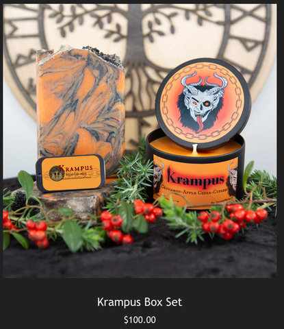 Set of products including Candle, Soap, and Solid Cologne with the Krampus design