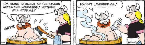 A Hagar the Horrible comic strip shows him in a tub with his wife giving him a bath. In Panel 1, his word bubble says "I'm going straight to the tavern after this nonsense! Nothing will stop me!" Panel 2 shows his smiling wife pouring a bottle into the tub, and Hagar says "Except lavender oil!" with an unhappy expression.