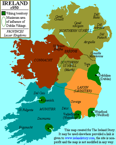 A map showing Viking territory in Ireland circa 950 AD. The areas around Dubhlinn/Dublin, Cork, Limerick, Vadrefjord/Waterford, and Weisfjord/Wexford are all highlighted as Viking territory.