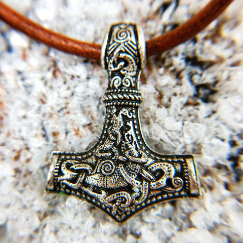 silver mjolnir necklace with leather cord