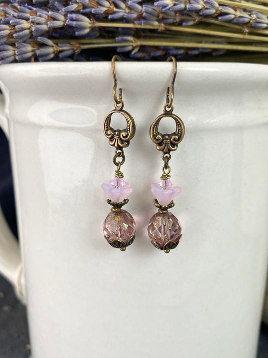 Rose pink polish glass, Vintaj flower bead caps, pink crystal, and cop –  Andria Bieber Designs