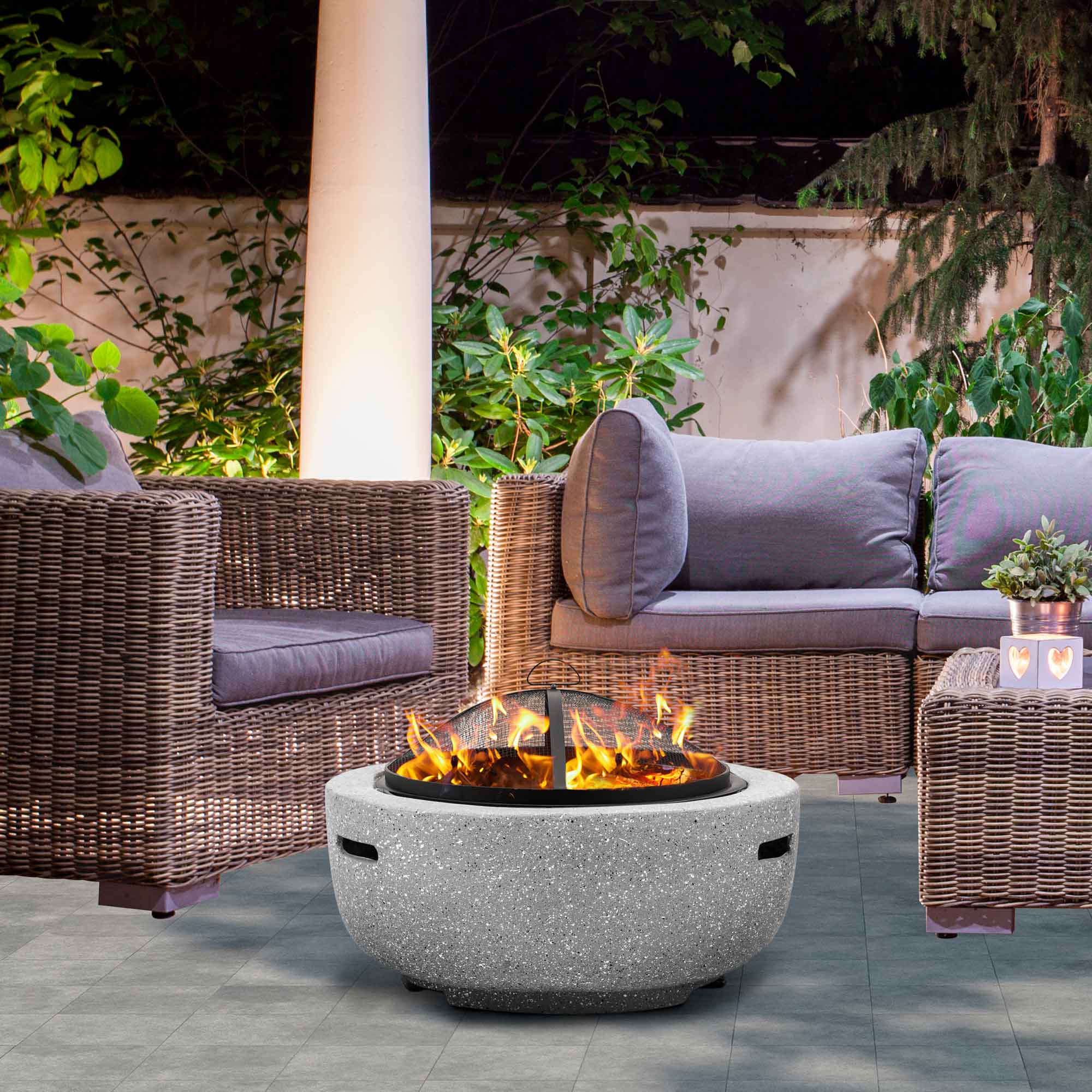 Round MgO Fire Pit with BBQ Grill, Ø60cm, Safety Mesh Screen - Light G ...