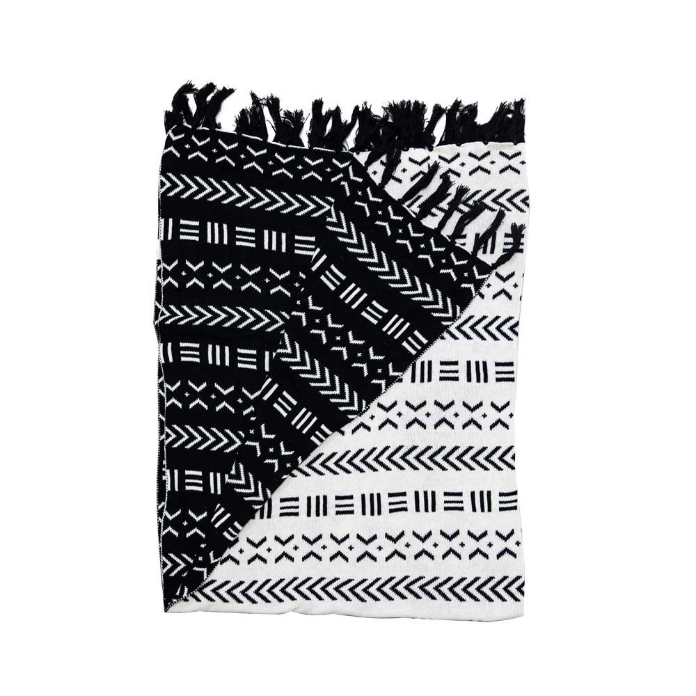 Cotton Knitted Cozy Black And White Throw Blanket With Fringed Trim Snugtown