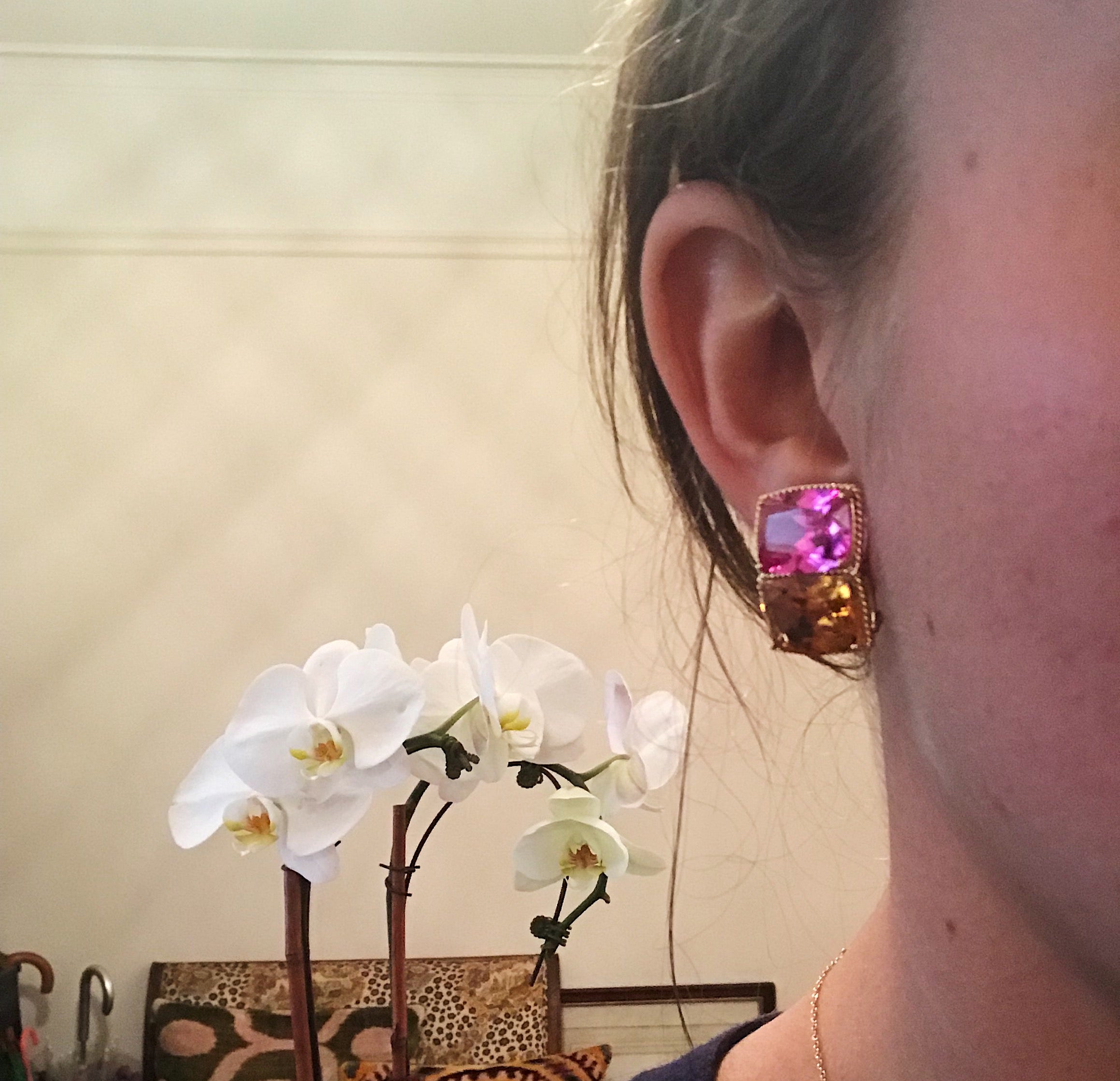 Grande Rope Twist Earring with Hot Pink Topaz and Orange Citrine