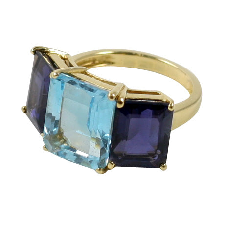 18kt Yellow Gold Emerald Cut Ring with Blue Topaz and Iolite ...