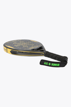 Black with yellow accents Pro Tour Padel Racket Control, aerodynamical round shape for defensive and control-oriented players. Good shape for forehand players, big sweetspot. Bottom left view