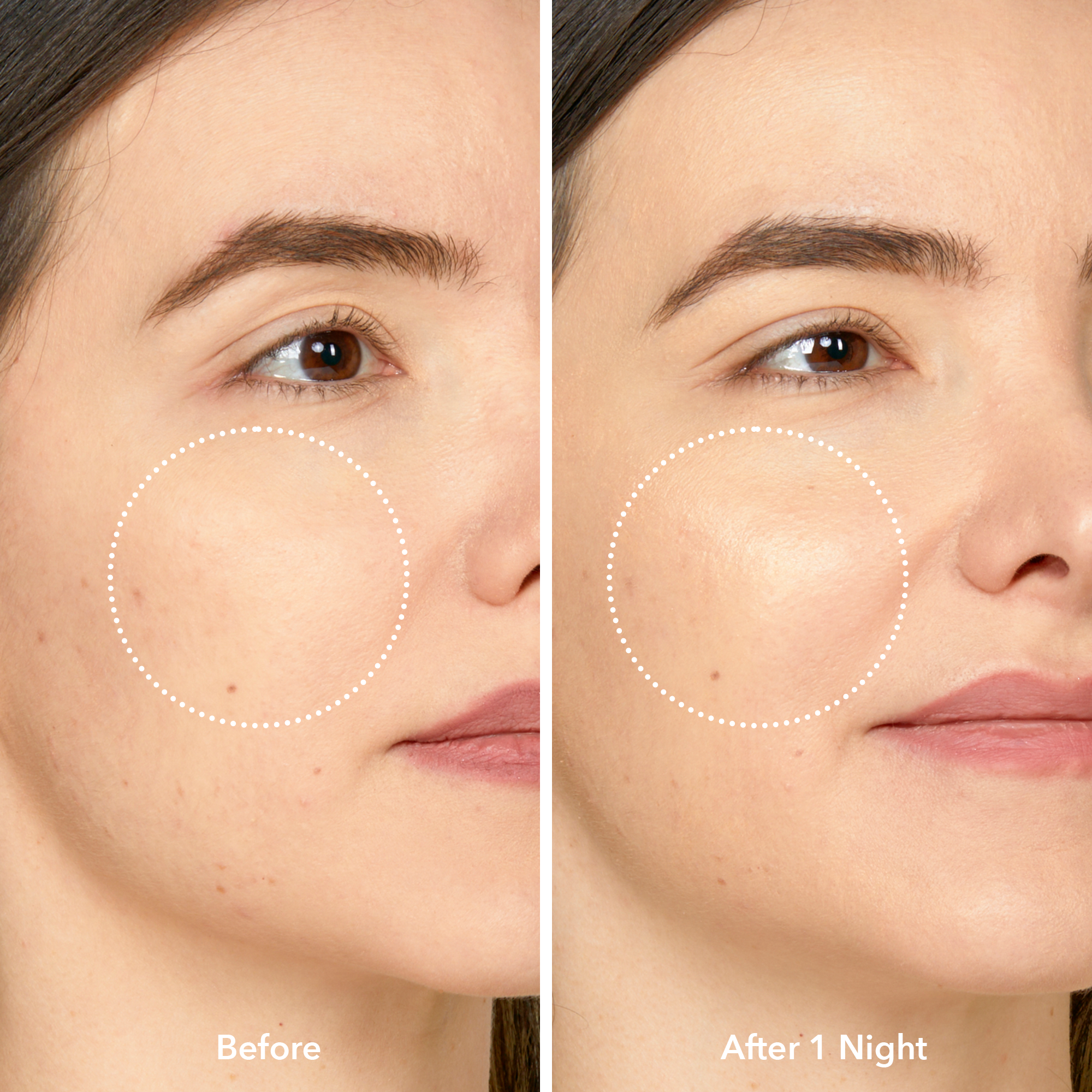 Before and after image of models skin after using midnight milk for one night, revealing hydrated skin.