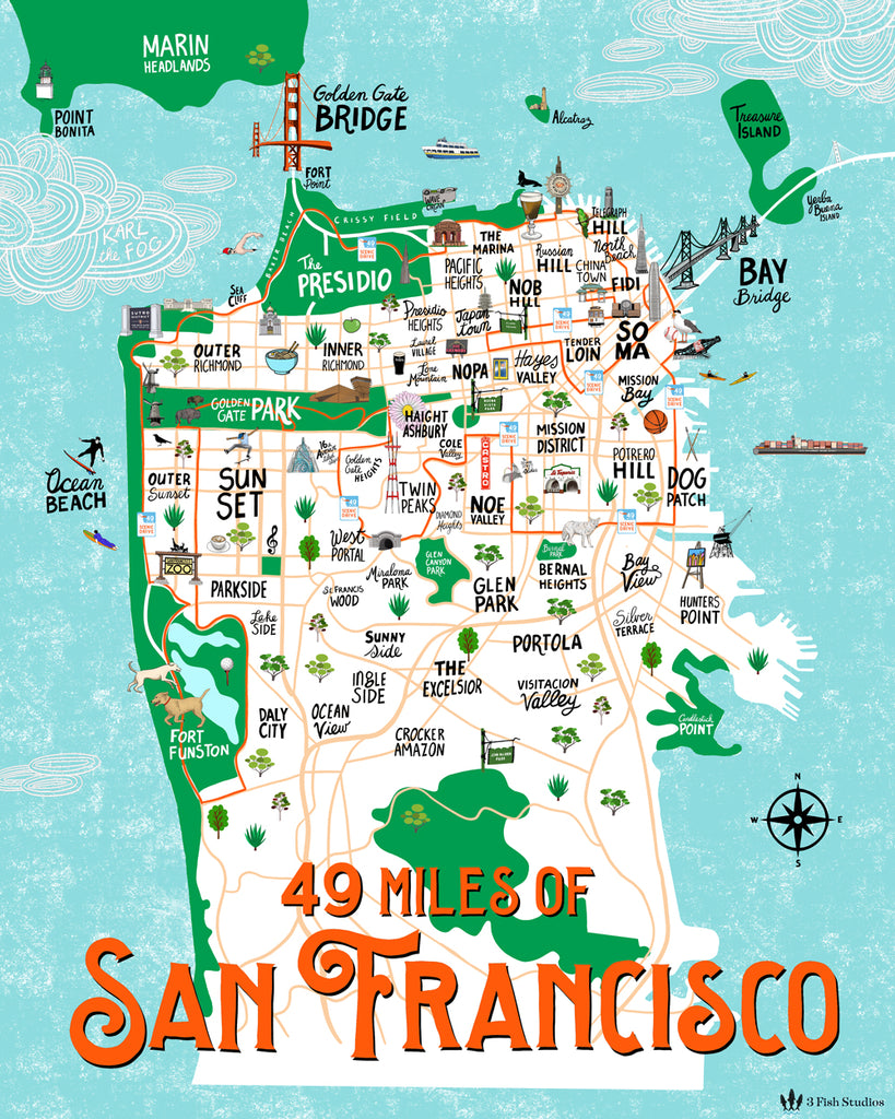 an illustrated map of San Franciscoby 3 Fish Studios featuring neighborhoods and illustrations of what each neighborhood is known for. Also features the 49 Miles Scenic Drive route. 