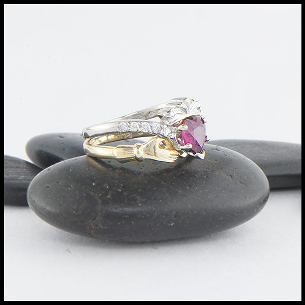 Interlocking Claddagh Ring with Ruby & Diamonds