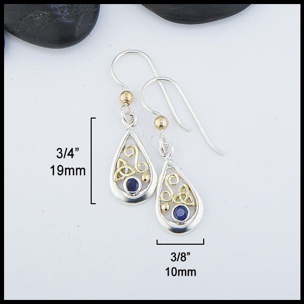 Tear Drop Earrings in Sterling Silver and Gold with Sapphire