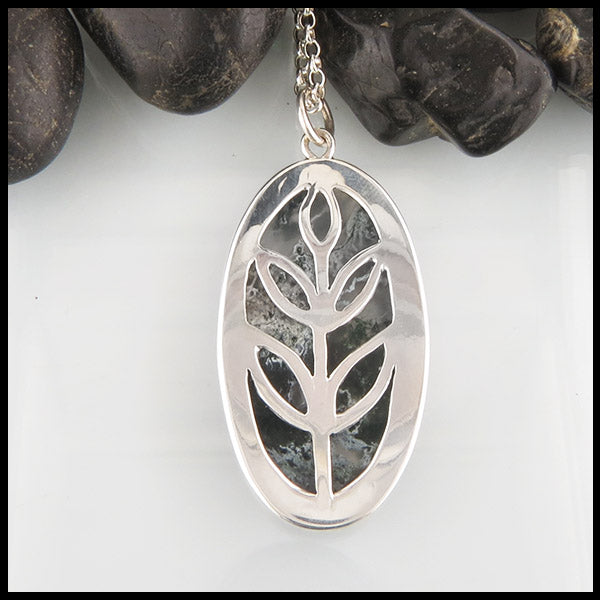 Custom Leaf Moss Agate Pendant in Silver | Walker Metalsmiths