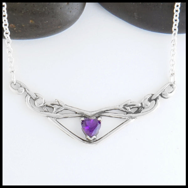 Heart Shaped Amethyst and Ivy Bar Necklace | Walker Metalsmiths