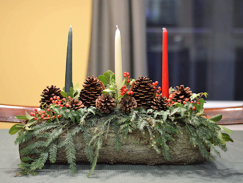 Yule log centerpiece from The Painted Hinge