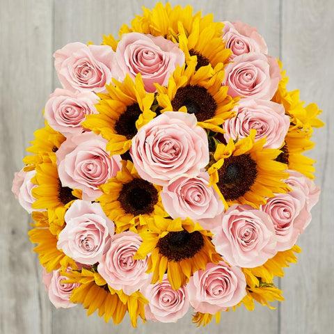pink rose and sunflower bouquet