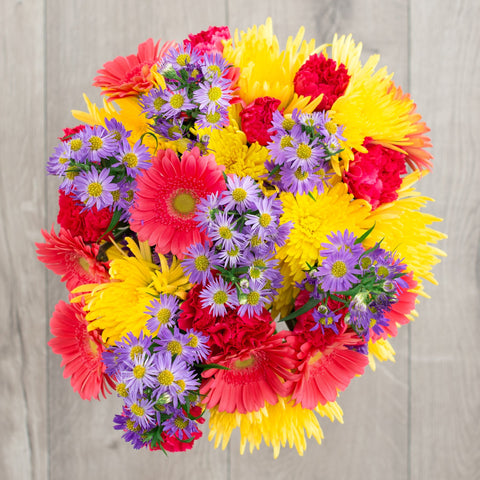 yellow Fuji mums with gerbera daisies and carnations friendship flowers