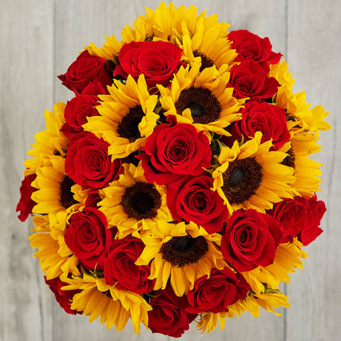 red rose and sunflower bouquet