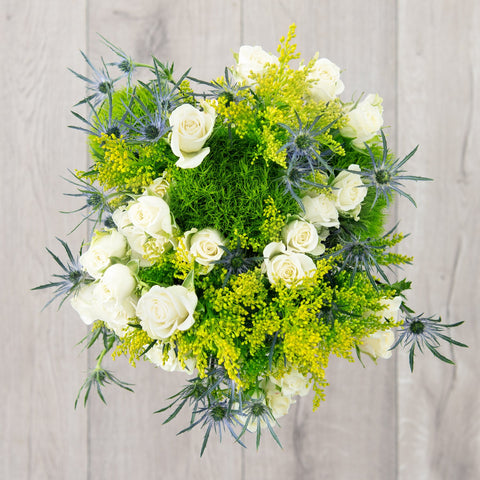 Blue Thistle, Yellow Solidago, Green Trick, White Spray Rose