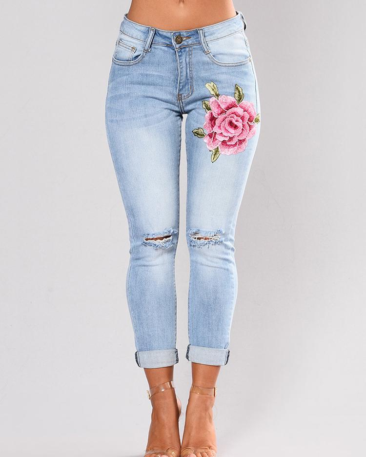 Embroidered Holey Skinny Jeans – OUTLET26