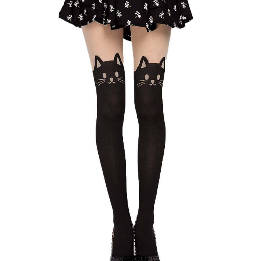 Black Kitty Cat Print Mock Thigh High Pantyhose Tights for Women