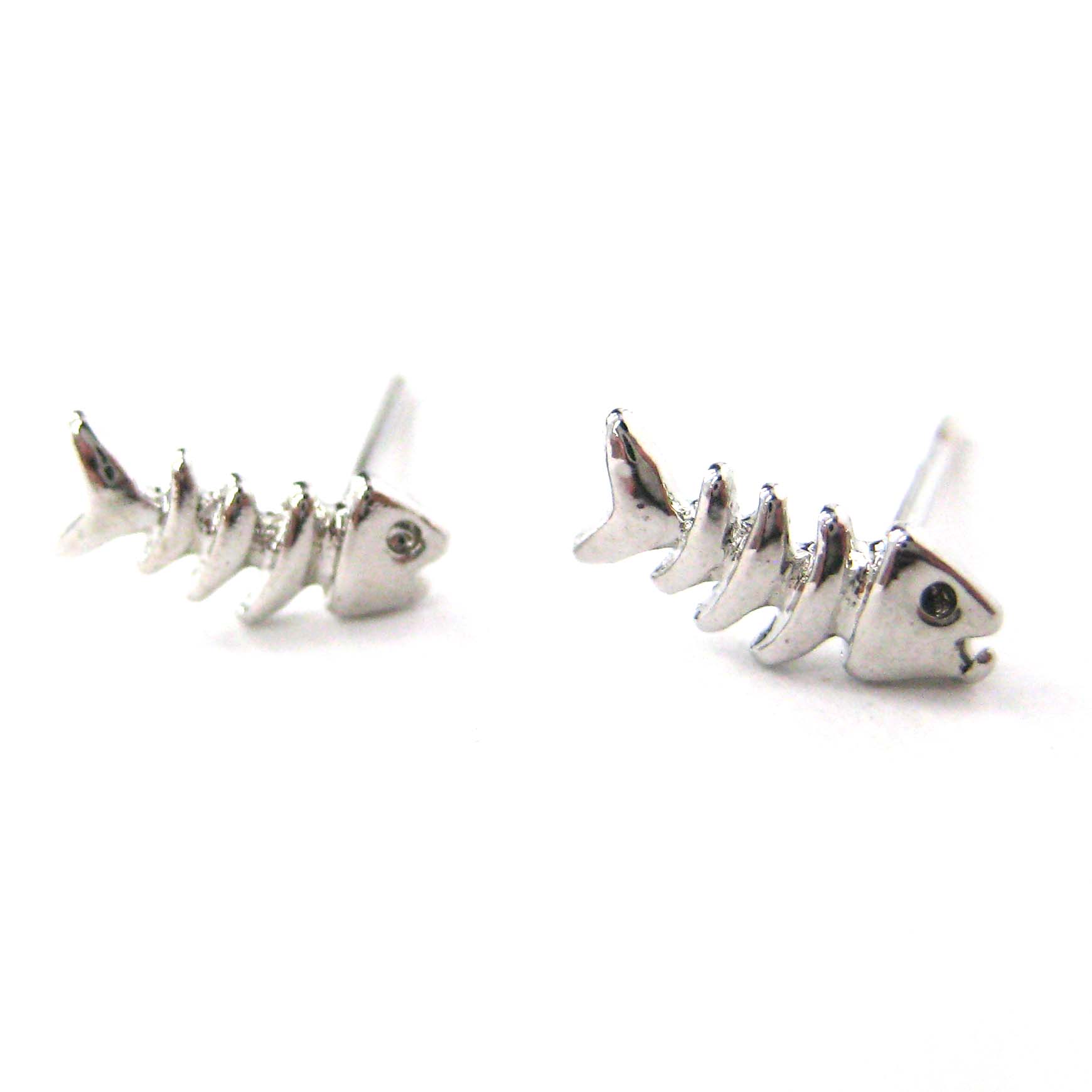 Small Fishbone Fish Skeleton Shaped Stud Earrings in Silver | DOTOLY ...