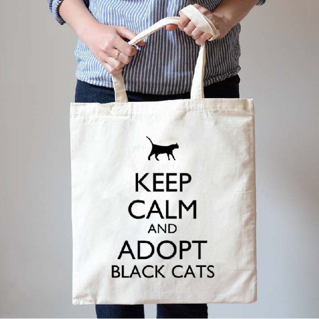 Keep Calm and Adopt Black Cats Print Natural Canvas Tote Shopper Bag