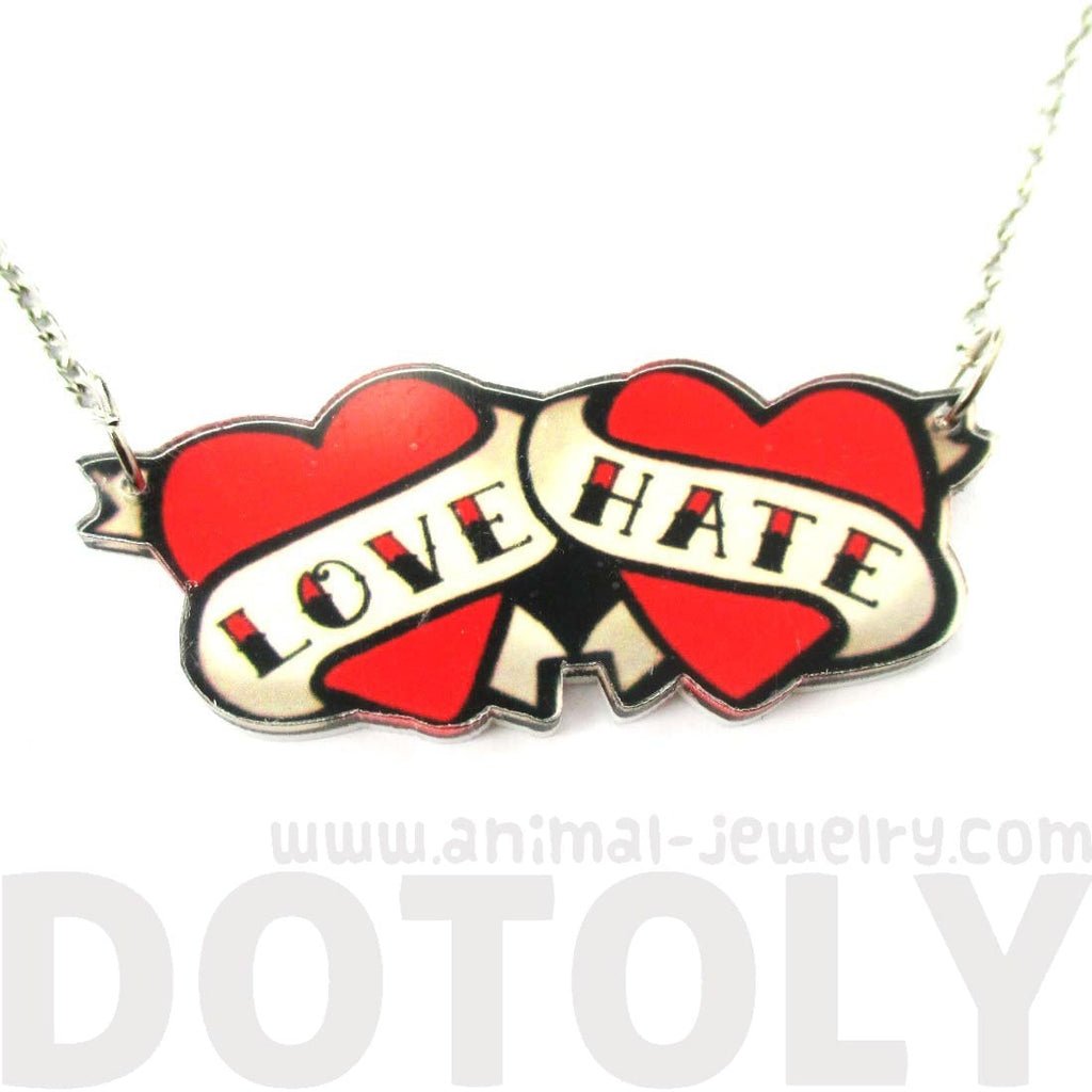 Love Hate Double Heart Banner Shaped Tattoo Inspired Acrylic Necklace