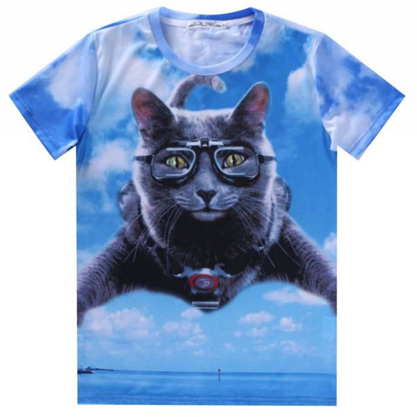 Skydiving Grey Kitty Cat Graphic Print T-Shirt in Blue