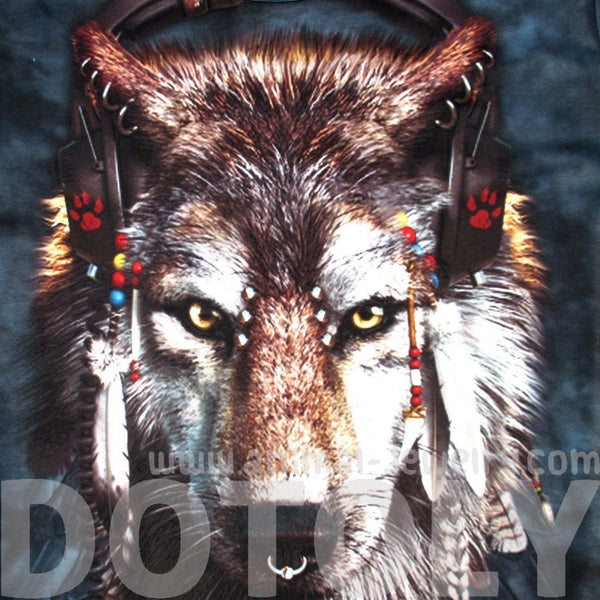 Wolf Face Tribal Headdress DJ Headphones Animal Print Graphic Tee