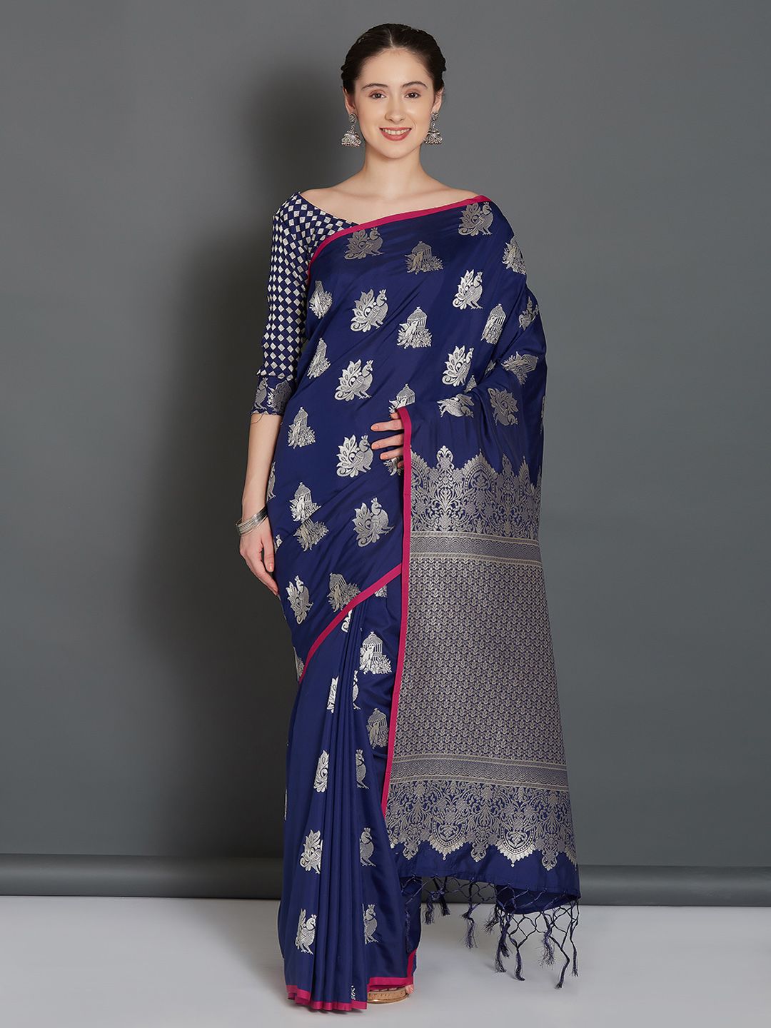 Buy online Plain soft silk woven Saree - Blue-AF1212