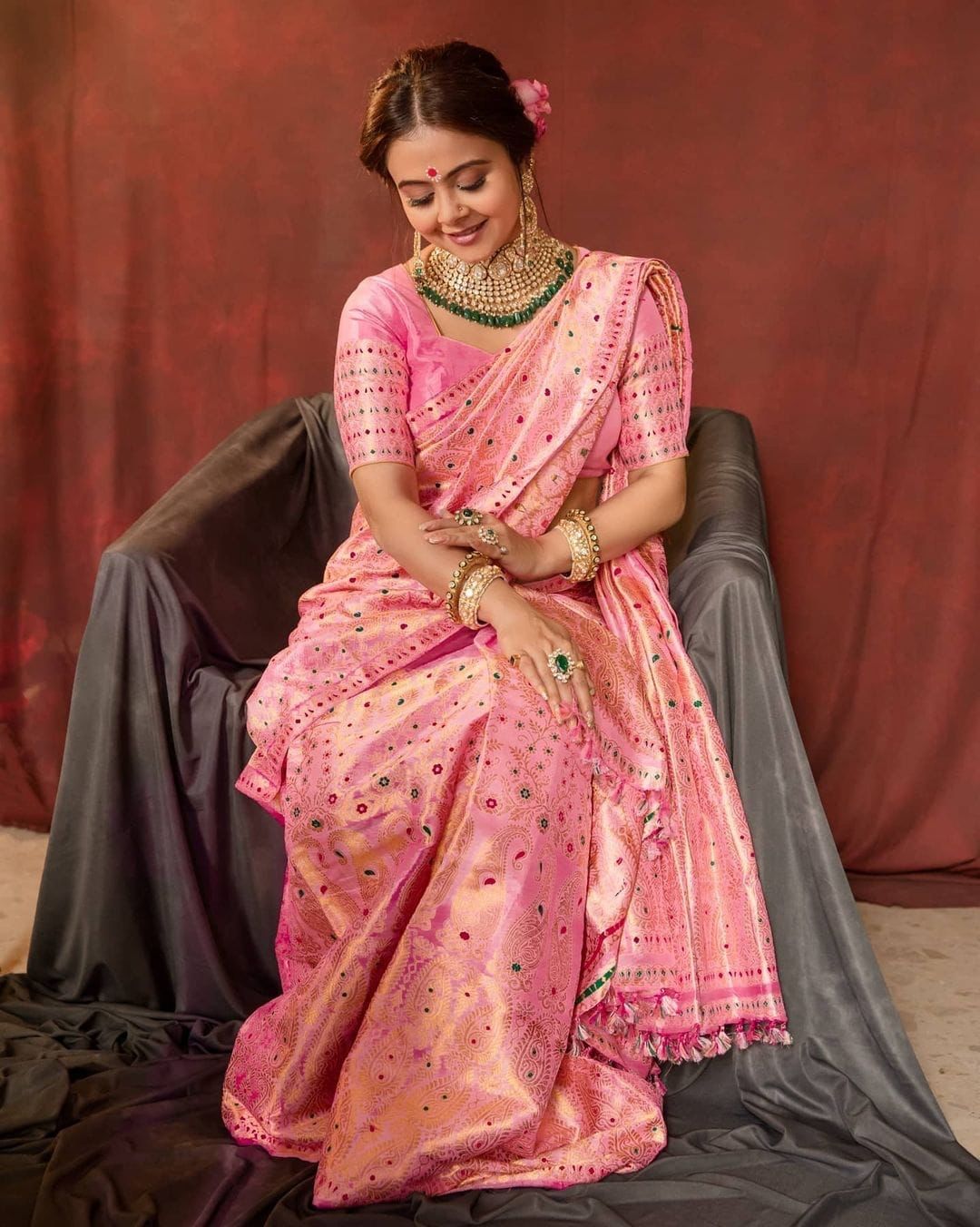 Pink Bridal Mukesh Wedding Sarees and Pink Bridal Mukesh Wedding Saris  online shopping